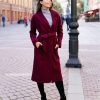 Пальто с поясом бордовое