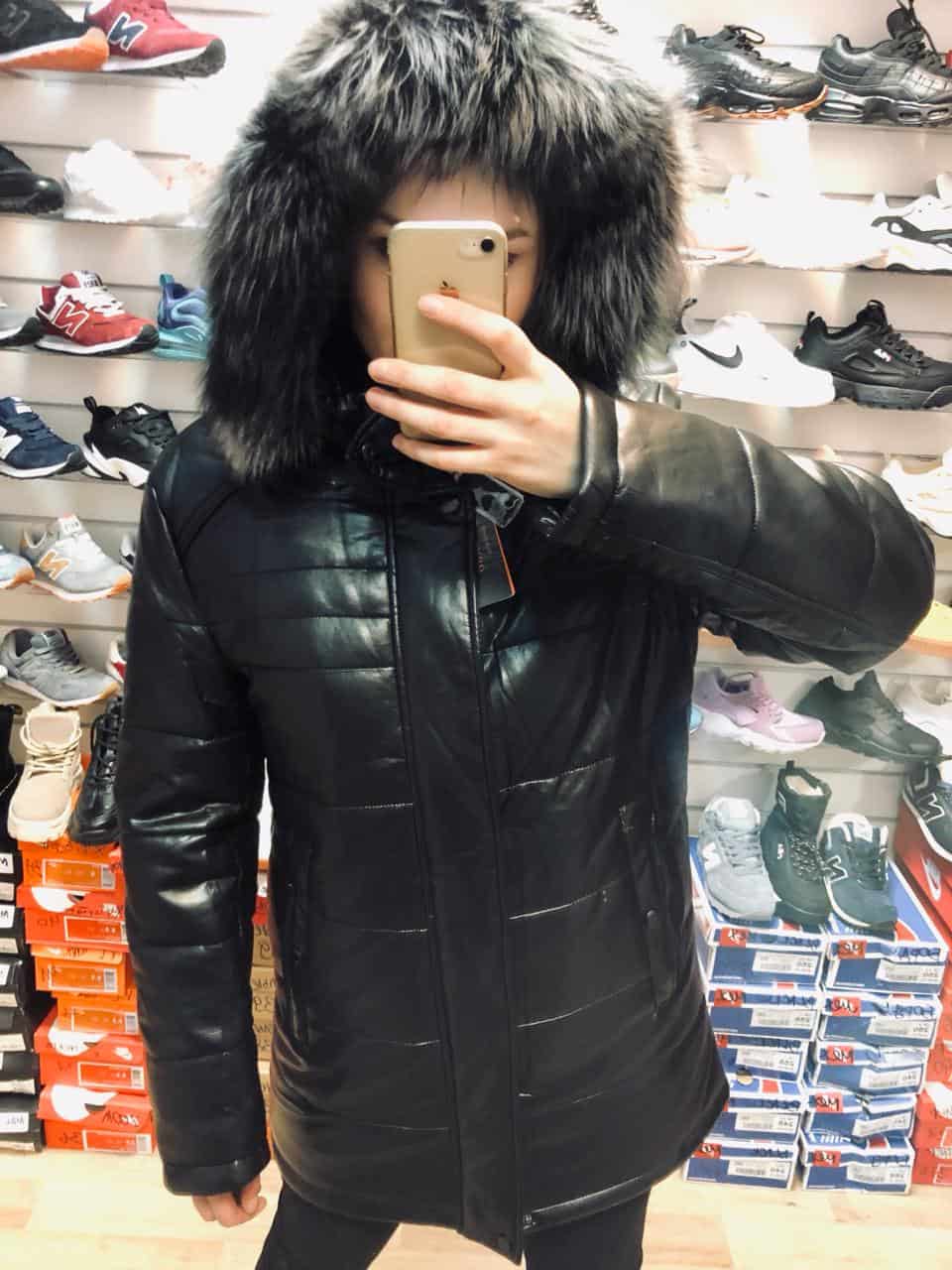 Мужская зимняя куртка с мехом черная (экокожа) - Room78