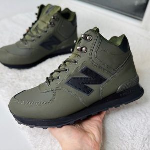 New Balance 574 зеленые кожаные с мехом