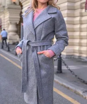Женское демисезонное пальто халат серое