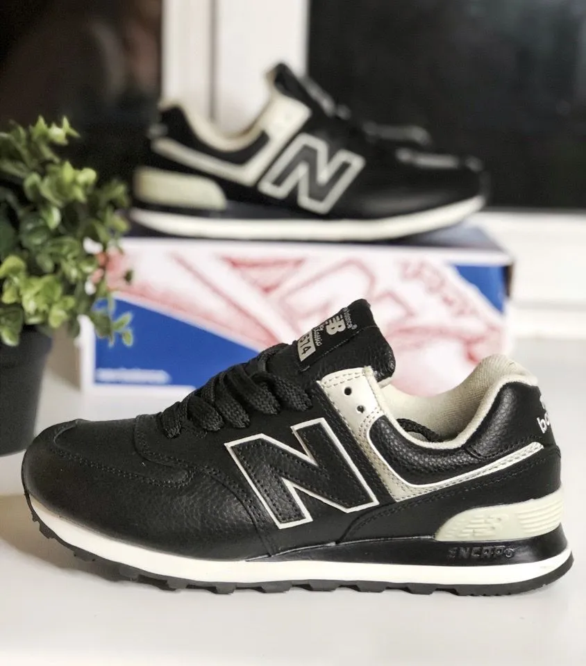 New Balance 574 черные с белым кожаные