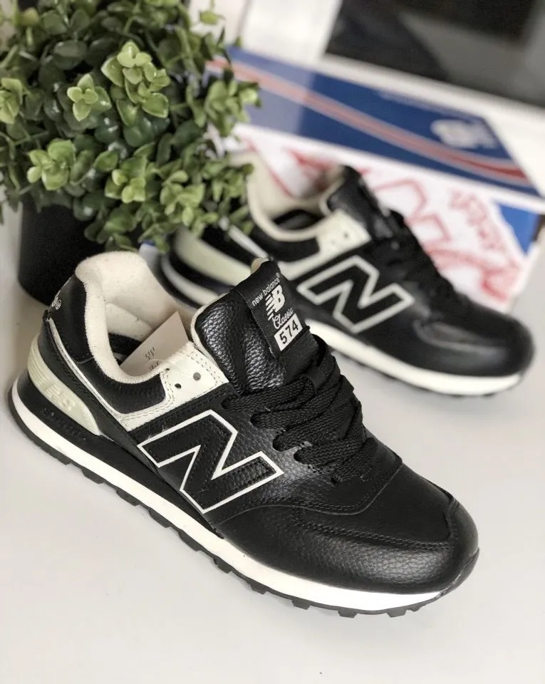 New Balance 574 черные с белым кожаные