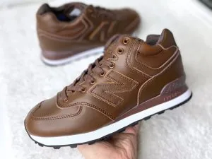 Кроссовки New Balance (Нью Баланс) 574 коричневые кожаные высокие с мехом Орех