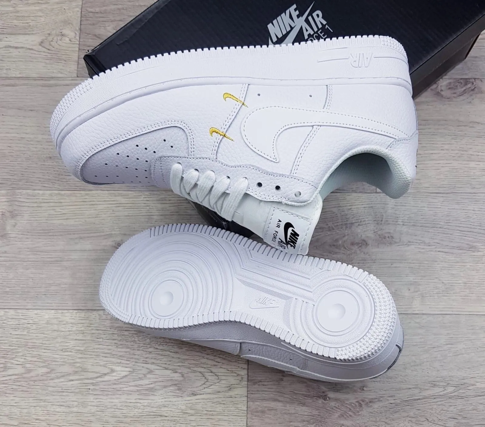Nike Air Force White Gold Swoosh