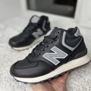New Balance 574 высокие кожаные серые с мехом